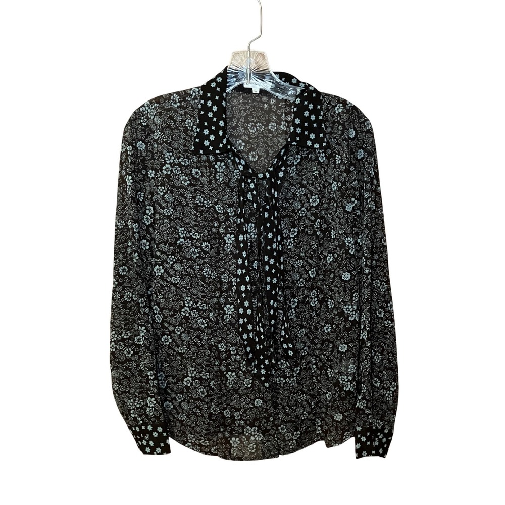 Claudia Richard Floral Tie Neck Blouse Womens M Brown Blue Sheer Long Sleeve